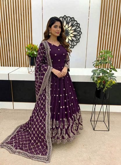 Designer Purple Color Embroidery Sequence Party Wear Gown