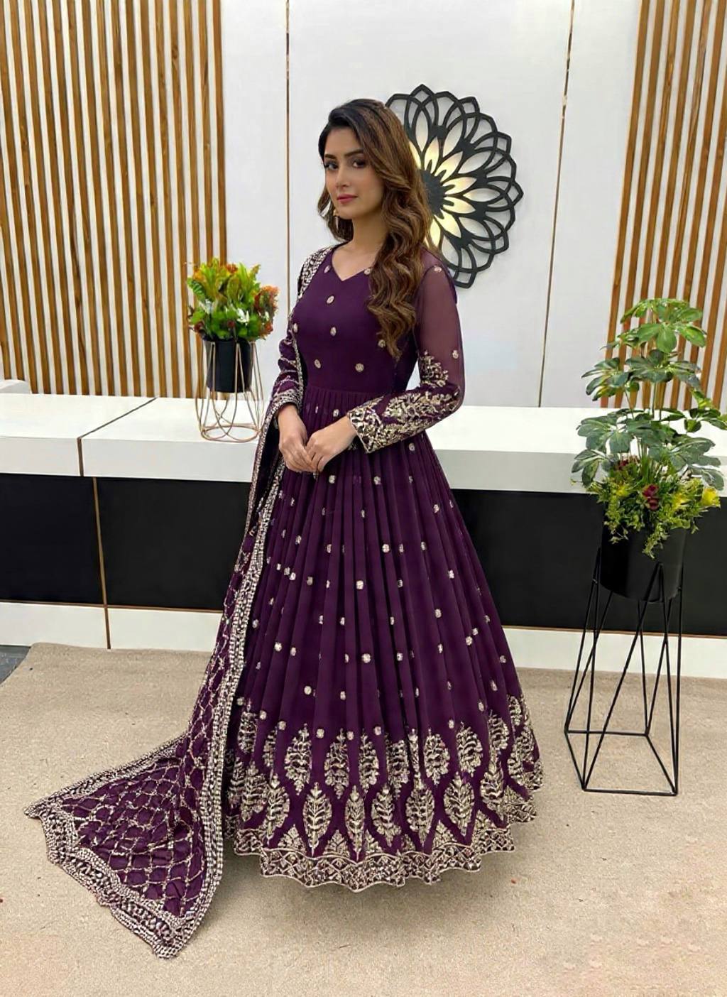 Designer Purple Color Embroidery Sequence Party Wear Gown