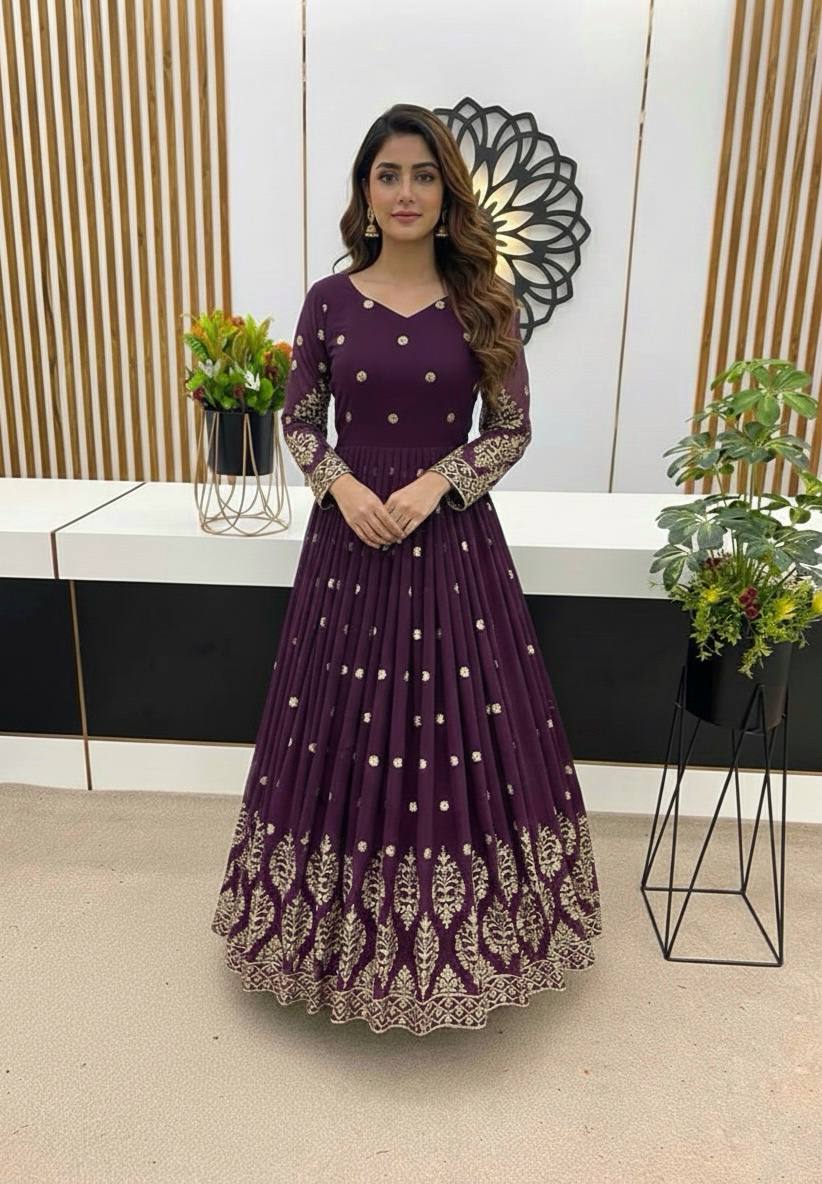 Designer Purple Color Embroidery Sequence Party Wear Gown