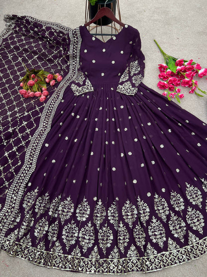 Designer Purple Color Embroidery Sequence Party Wear Gown