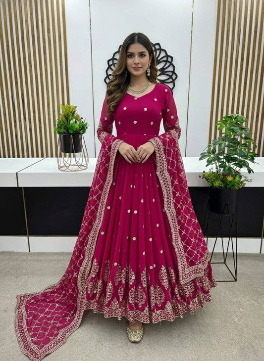 Designer Pink Color Embroidery Sequence Party Wear Gown