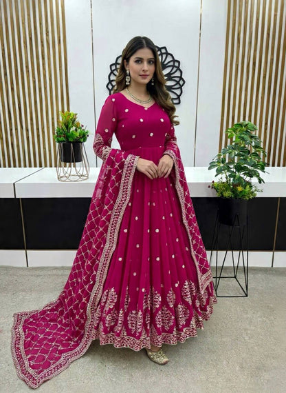 Designer Pink Color Embroidery Sequence Party Wear Gown