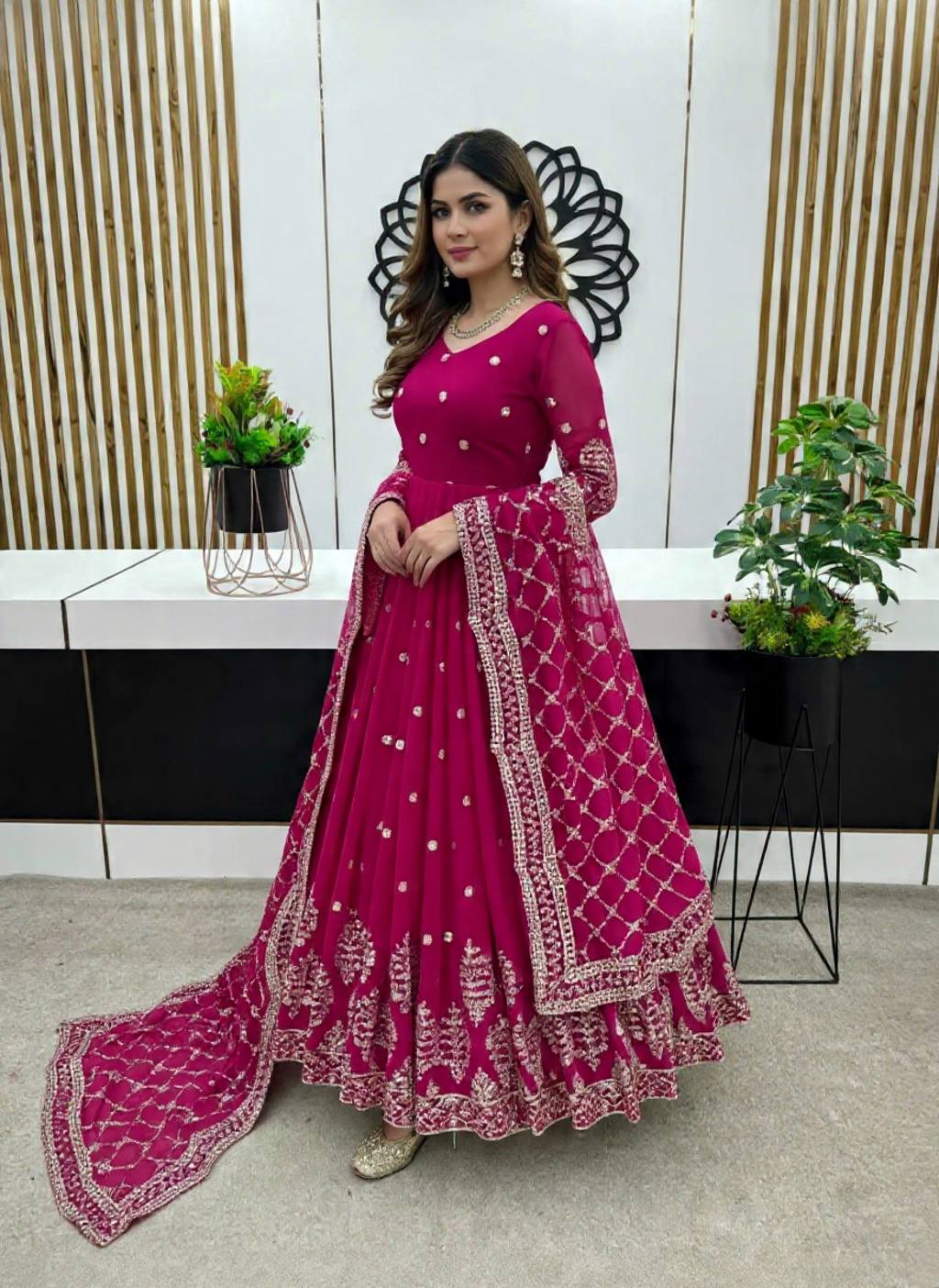 Designer Pink Color Embroidery Sequence Party Wear Gown