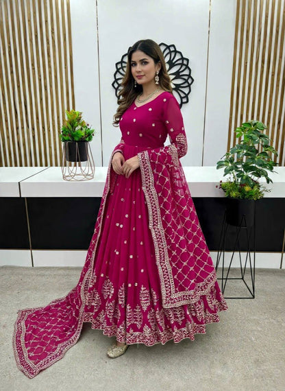 Designer Pink Color Embroidery Sequence Party Wear Gown