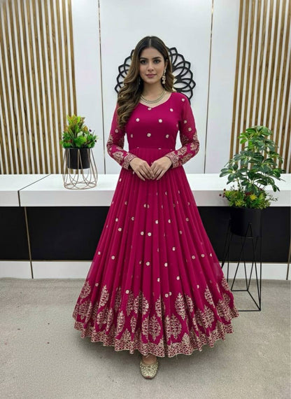 Designer Pink Color Embroidery Sequence Party Wear Gown