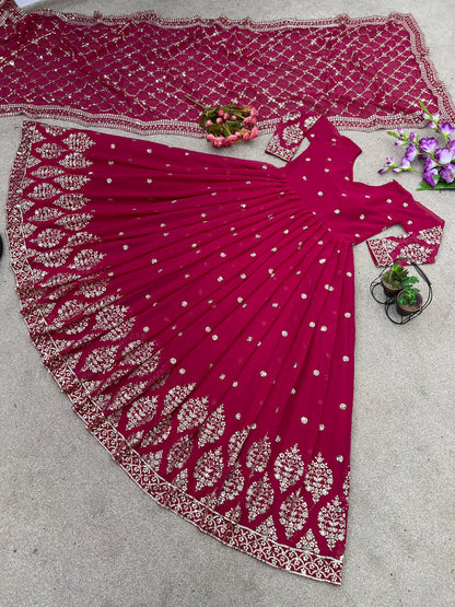 Designer Pink Color Embroidery Sequence Party Wear Gown
