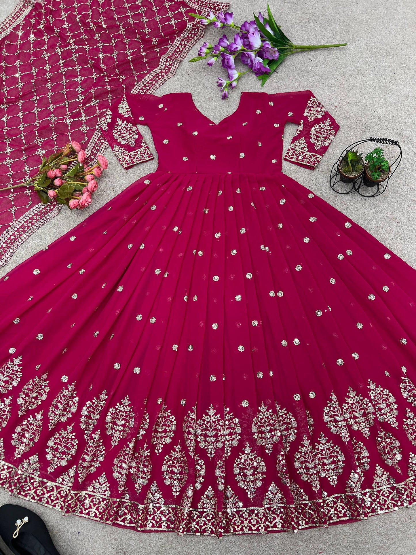 Designer Pink Color Embroidery Sequence Party Wear Gown