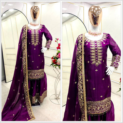 Wedding Wear Purple Color Pure Zimmy Chu Silk With Heavy Embroidery Sequence Work Sharara Suit