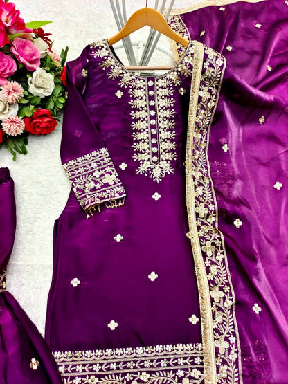 Wedding Wear Purple Color Pure Zimmy Chu Silk With Heavy Embroidery Sequence Work Sharara Suit