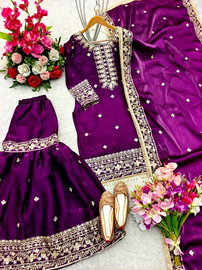 Wedding Wear Purple Color Pure Zimmy Chu Silk With Heavy Embroidery Sequence Work Sharara Suit
