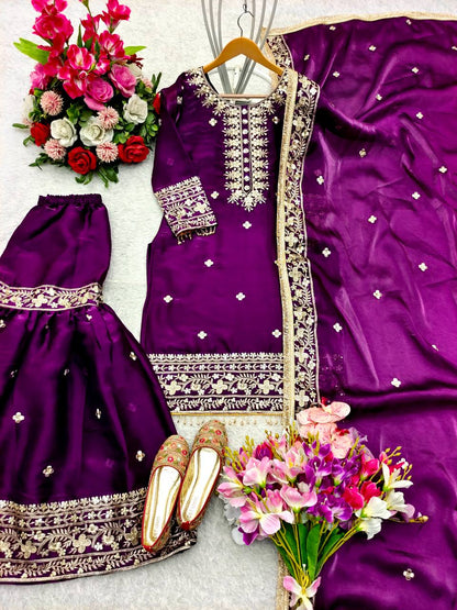 Wedding Wear Purple Color Pure Zimmy Chu Silk With Heavy Embroidery Sequence Work Sharara Suit
