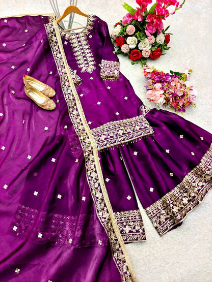 Wedding Wear Purple Color Pure Zimmy Chu Silk With Heavy Embroidery Sequence Work Sharara Suit