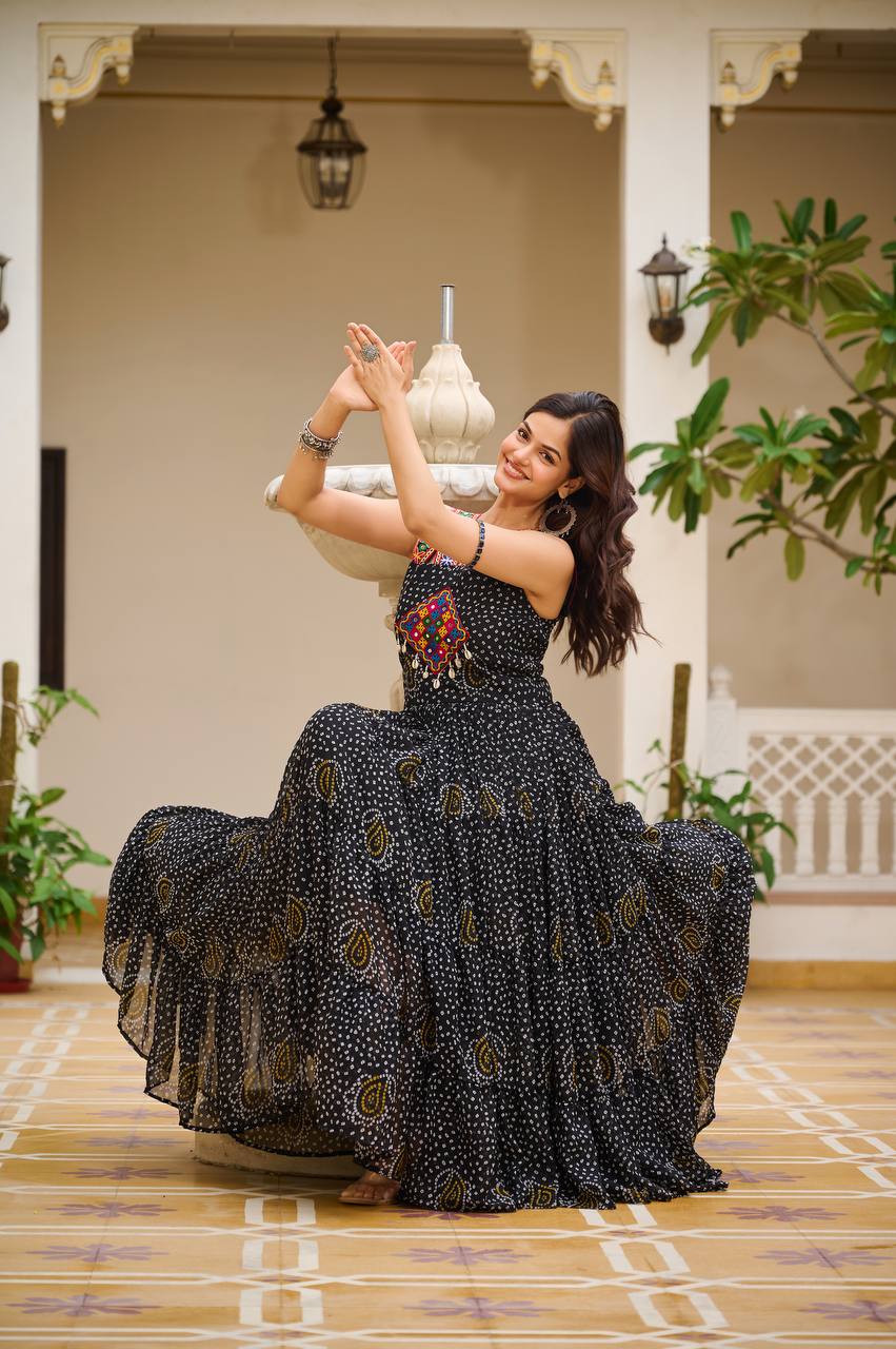 Navratri Wear Black Color Georgette Bandani Printed With Real Mirror Gown