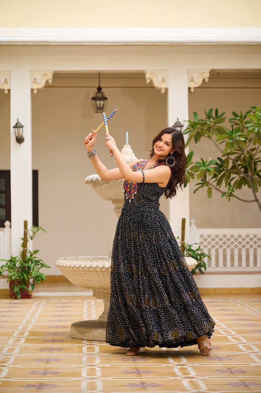 Navratri Wear Black Color Georgette Bandani Printed With Real Mirror Gown