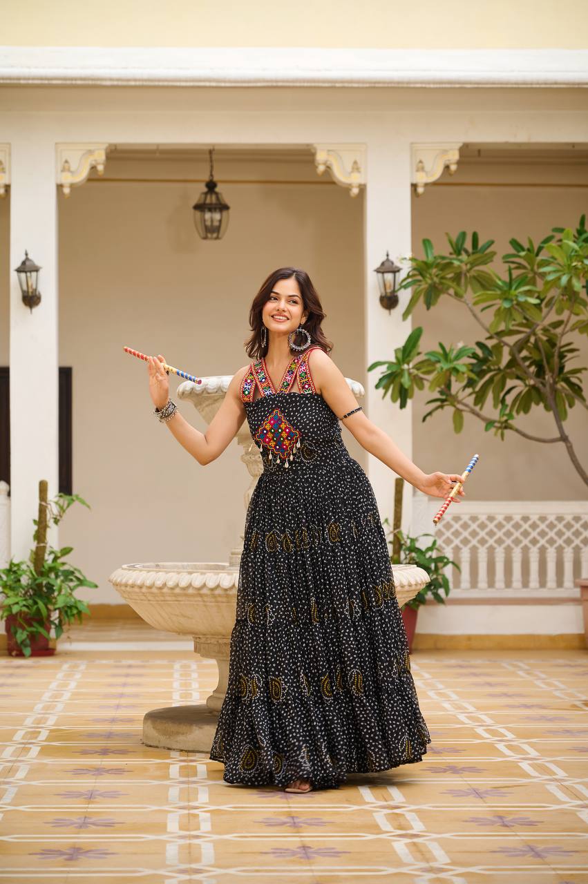 Navratri Wear Black Color Georgette Bandani Printed With Real Mirror Gown