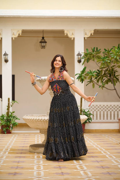 Navratri Wear Black Color Georgette Bandani Printed With Real Mirror Gown