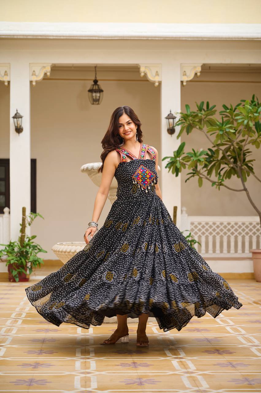 Navratri Wear Black Color Georgette Bandani Printed With Real Mirror Gown