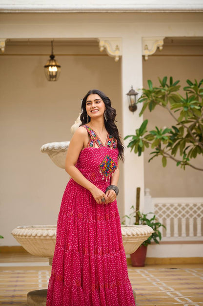 Navratri Wear Pink Color Georgette Bandani Printed With Real Mirror Gown