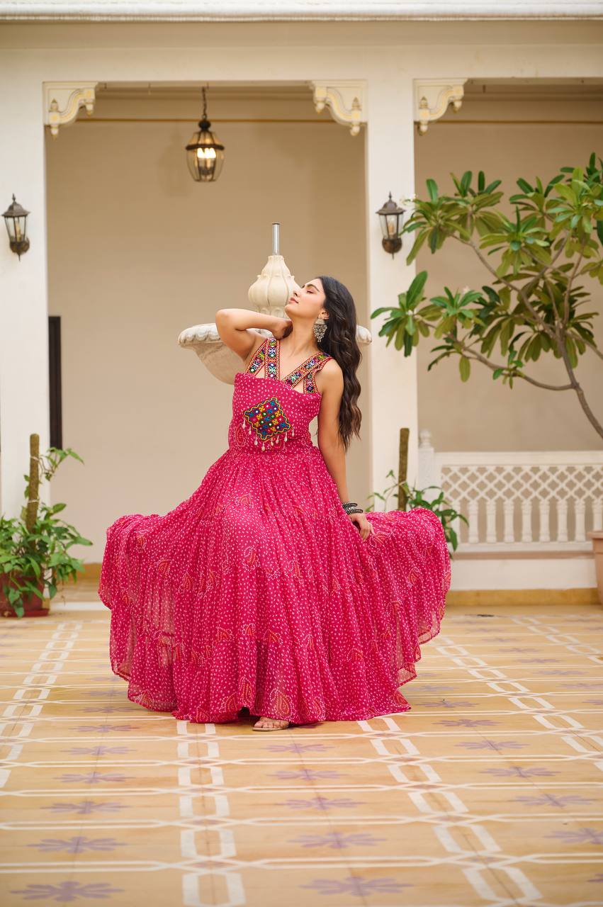 Navratri Wear Pink Color Georgette Bandani Printed With Real Mirror Gown