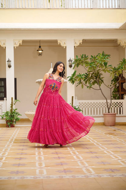 Navratri Wear Pink Color Georgette Bandani Printed With Real Mirror Gown