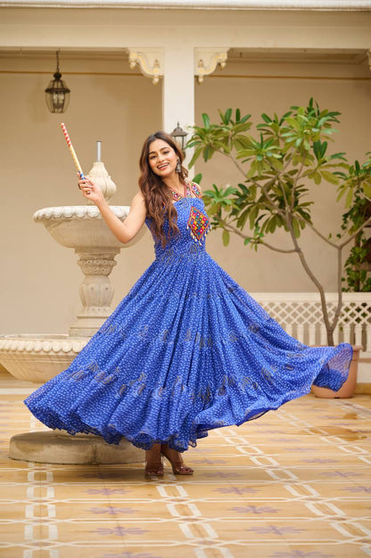 Navratri Wear Blue Color Georgette Bandani Printed With Real Mirror Gown