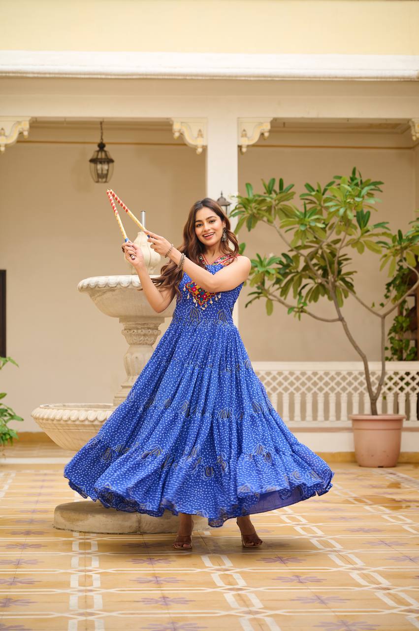 Navratri Wear Blue Color Georgette Bandani Printed With Real Mirror Gown