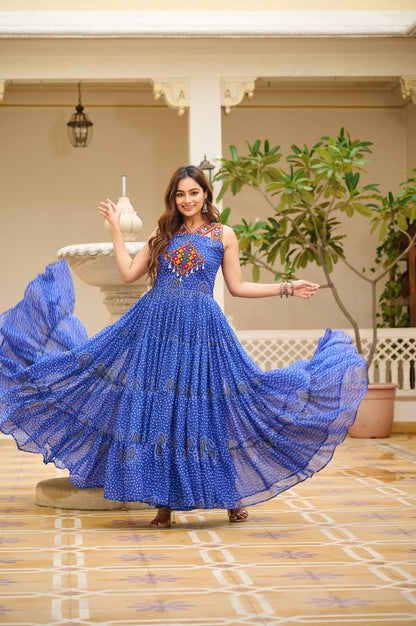 Navratri Wear Blue Color Georgette Bandani Printed With Real Mirror Gown