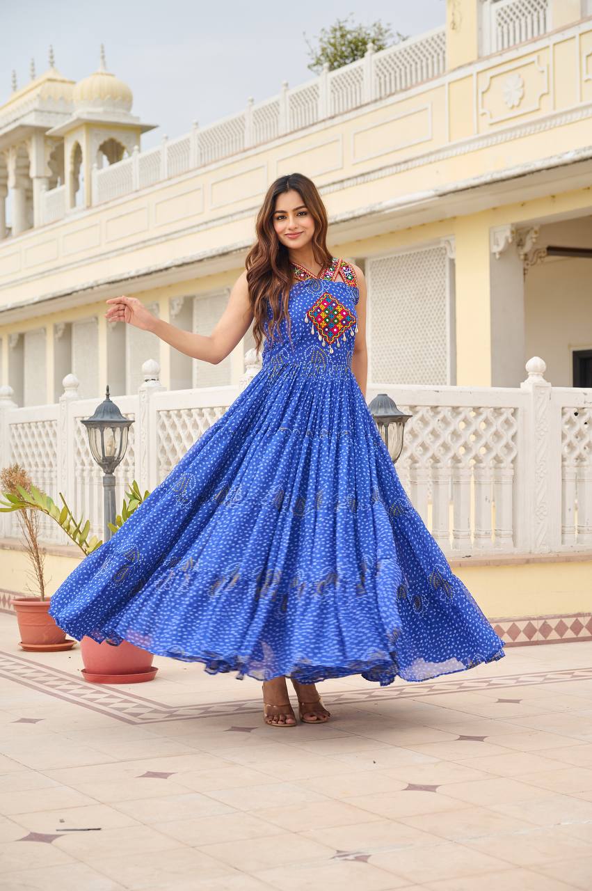 Navratri Wear Blue Color Georgette Bandani Printed With Real Mirror Gown