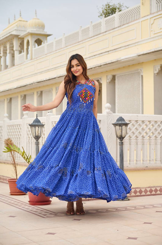 Navratri Wear Blue Color Georgette Bandani Printed With Real Mirror Gown
