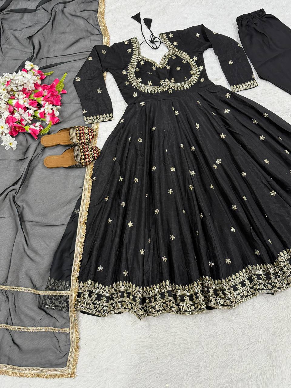 Trendy Black Color Sequence Embroidered Anarkali Suit With Dupatta