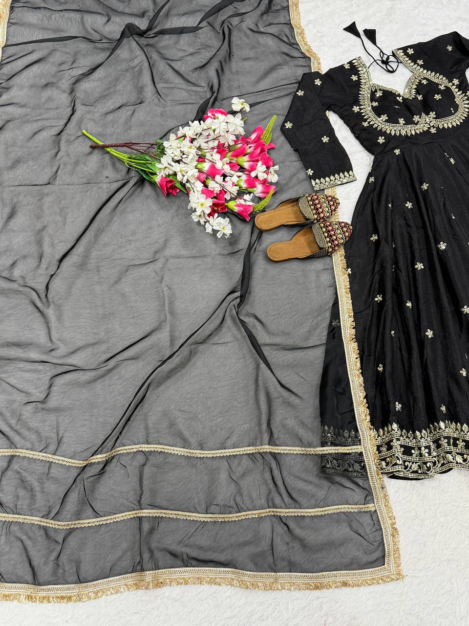 Trendy Black Color Sequence Embroidered Anarkali Suit With Dupatta