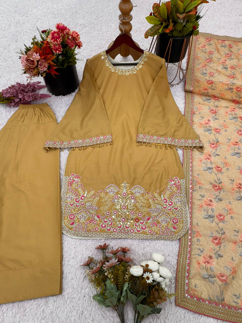Gorgeous Light Mustard Color French Crepe Silk With Embrodary Sequence Work Palazzo Suit