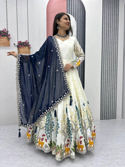 Wedding Blue Color Wear Dola Silk With Mill Print And Foil Work Designer Lehenga Choli