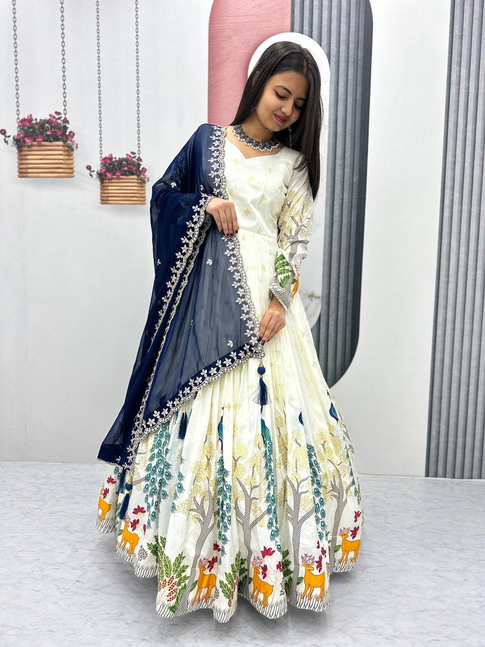 Wedding Blue Color Wear Dola Silk With Mill Print And Foil Work Designer Lehenga Choli