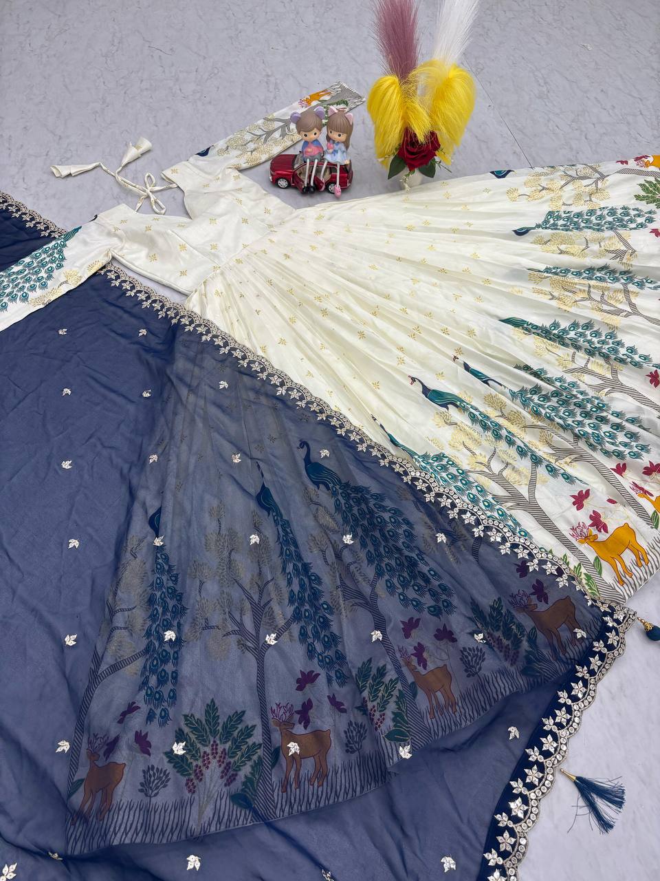 Wedding Blue Color Wear Dola Silk With Mill Print And Foil Work Designer Lehenga Choli