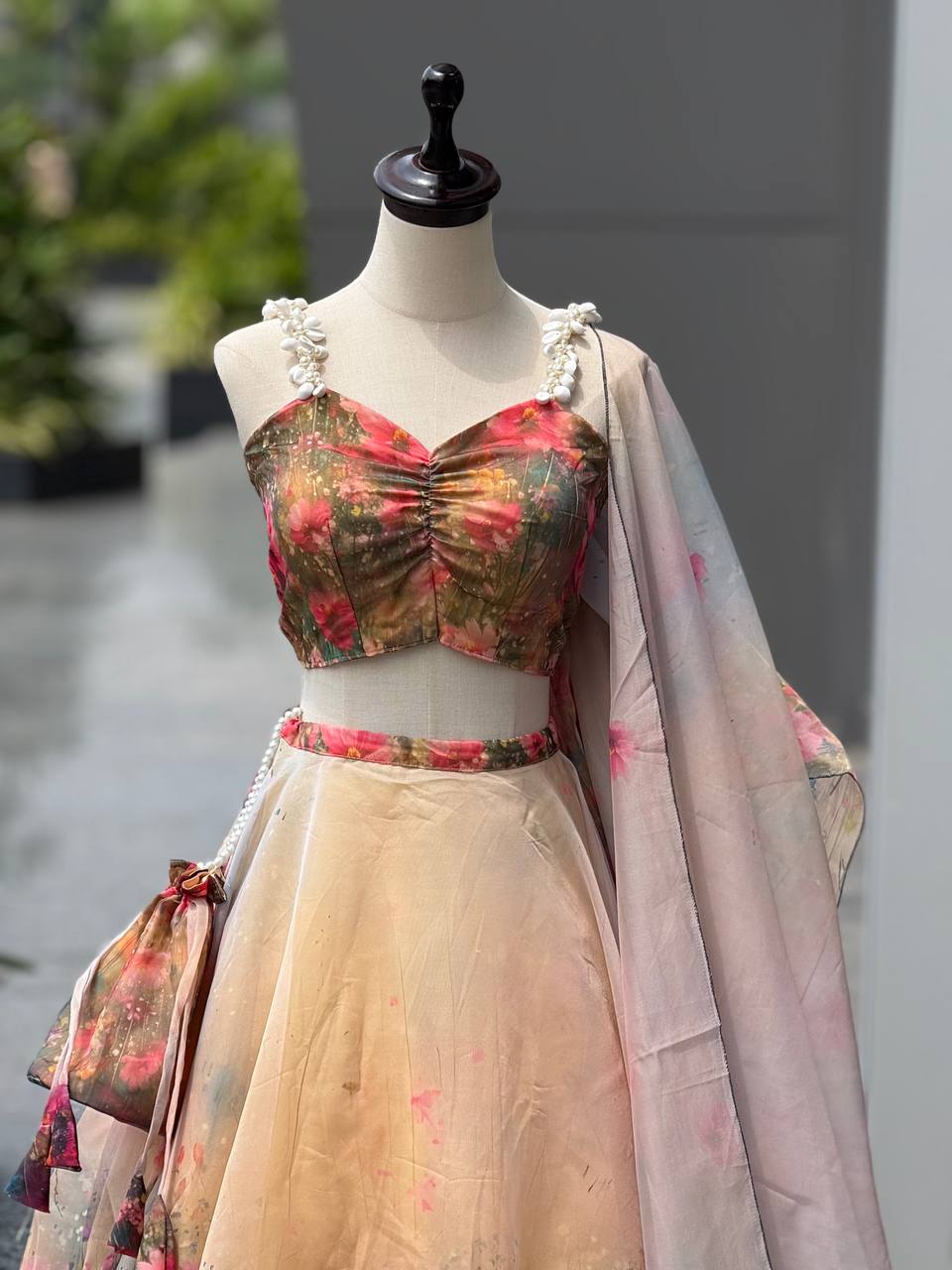 Wedding Wear Pure Organza Floral Digital Print Lehenga Set And Potli Bag