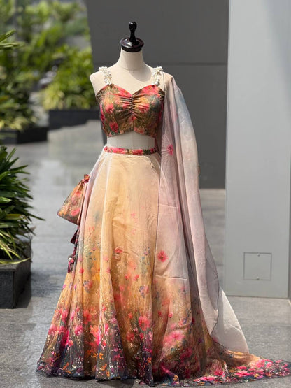 Wedding Wear Pure Organza Floral Digital Print Lehenga Set And Potli Bag