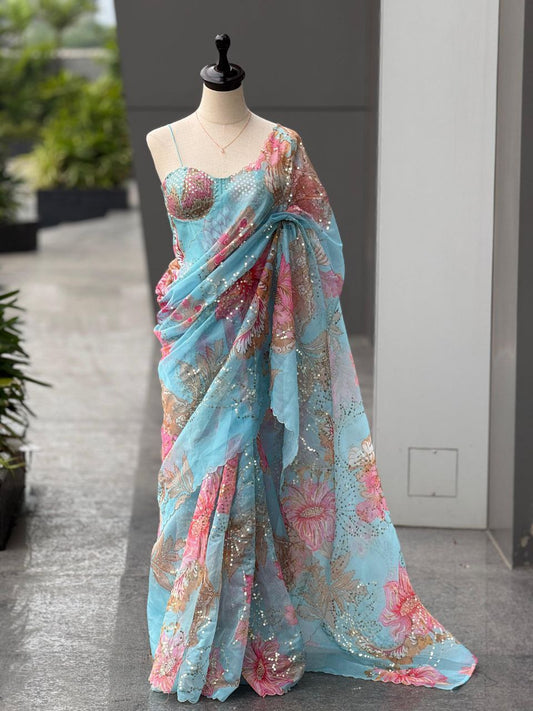 Sky Blue Color Digital Print With Sequins Work Organza Saree With Corset Blouse