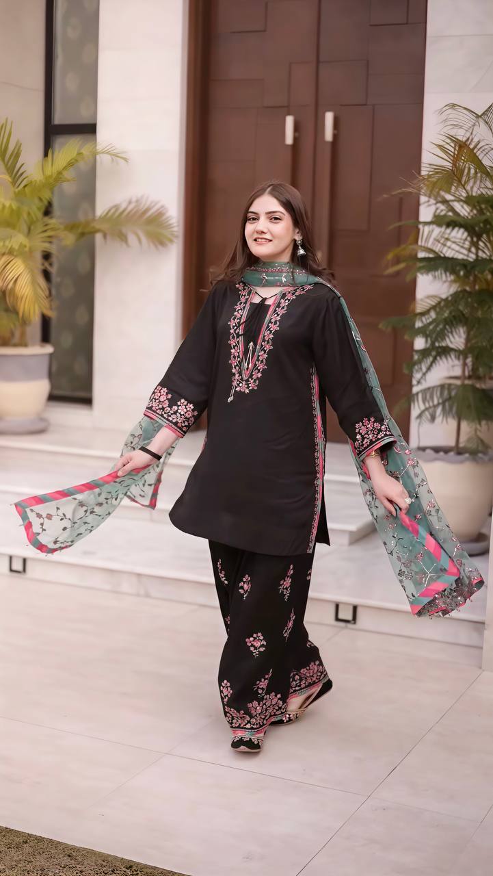 Party Wear Black Color  Sequence Embroidered Plazzo Suit With Dupatta