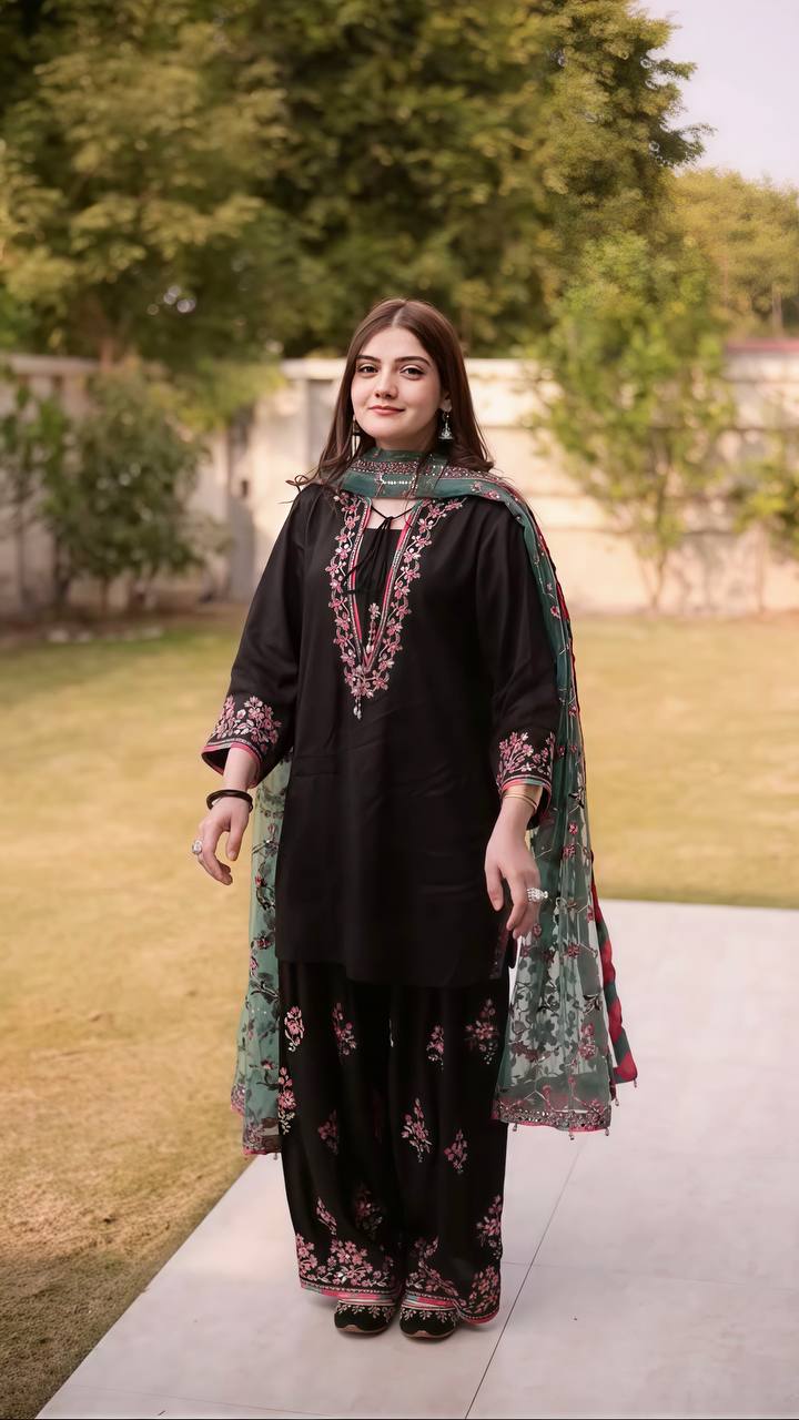 Party Wear Black Color  Sequence Embroidered Plazzo Suit With Dupatta