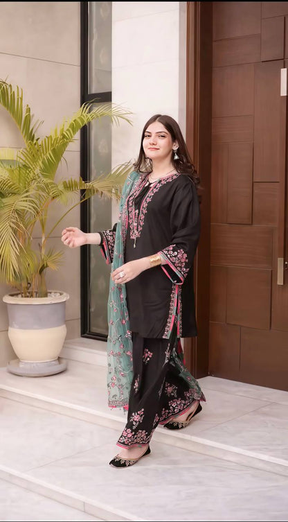 Party Wear Black Color  Sequence Embroidered Plazzo Suit With Dupatta