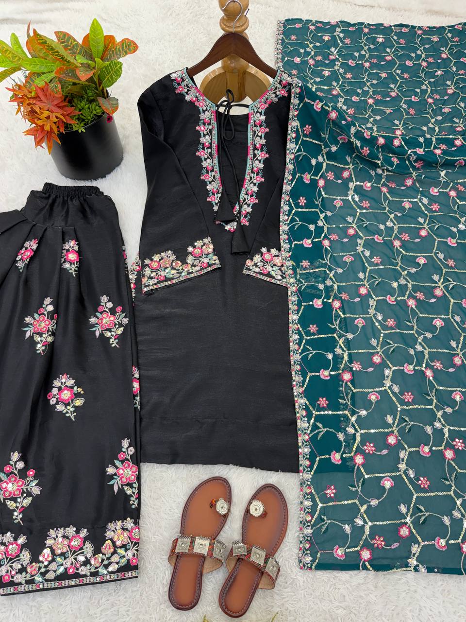 Party Wear Black Color  Sequence Embroidered Plazzo Suit With Dupatta