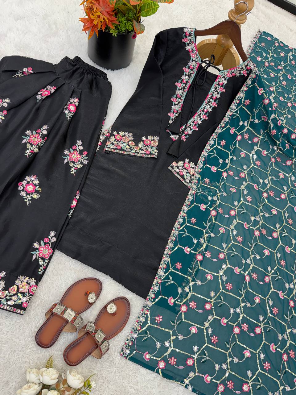 Party Wear Black Color  Sequence Embroidered Plazzo Suit With Dupatta