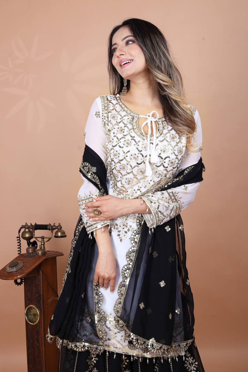 Function Wear Black Color Heavy Faux Georgette With Embroidery Sequence Work Sharara Suit
