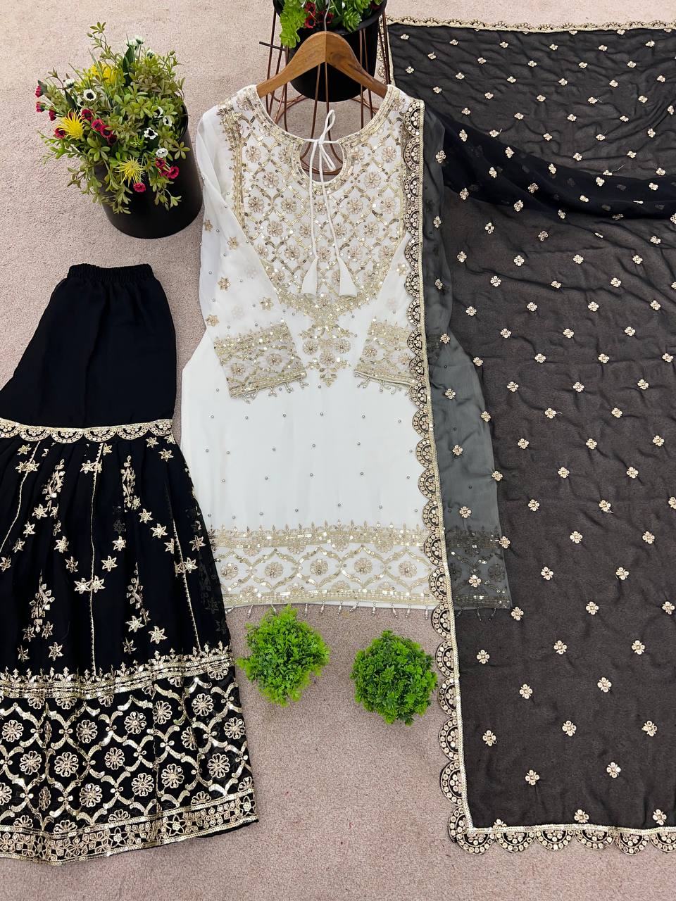 Function Wear Black Color Heavy Faux Georgette With Embroidery Sequence Work Sharara Suit
