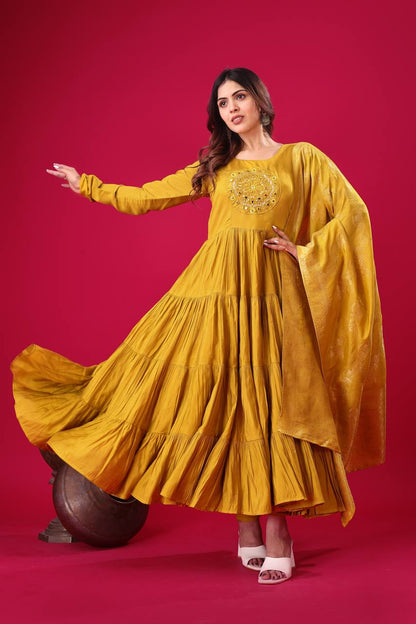 Reception Wear Yellow Color Heavy Roman Silk With Embroidery Sequence Work Anarkali Gown