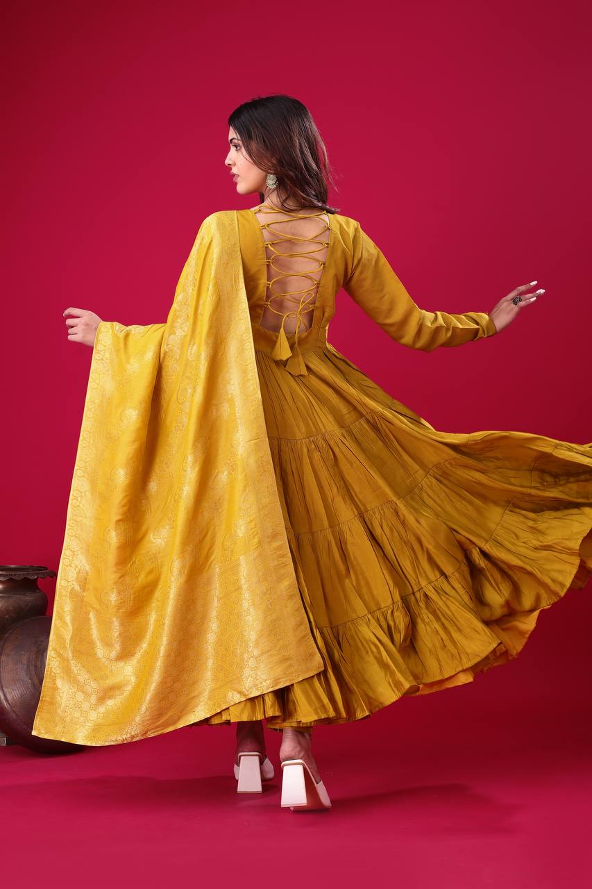 Reception Wear Yellow Color Heavy Roman Silk With Embroidery Sequence Work Anarkali Gown