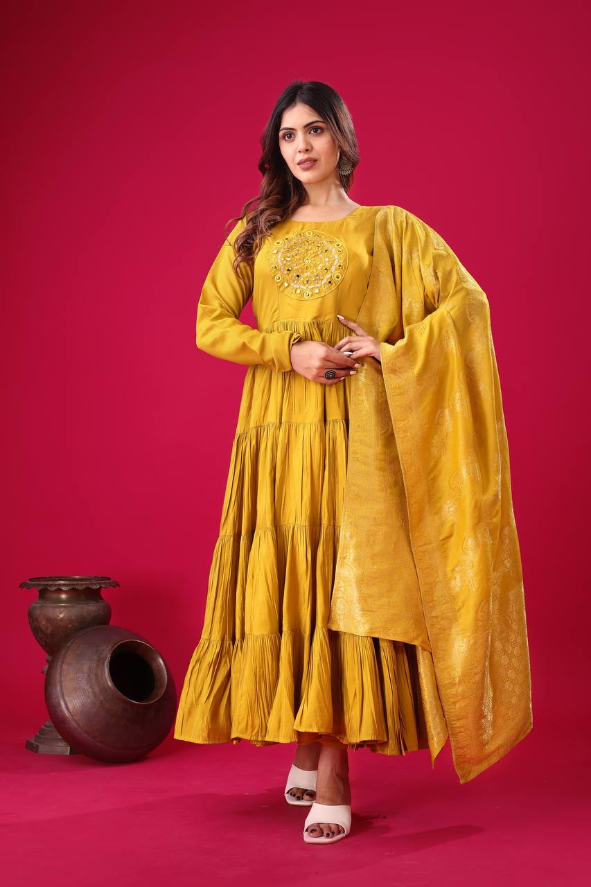 Reception Wear Yellow Color Heavy Roman Silk With Embroidery Sequence Work Anarkali Gown