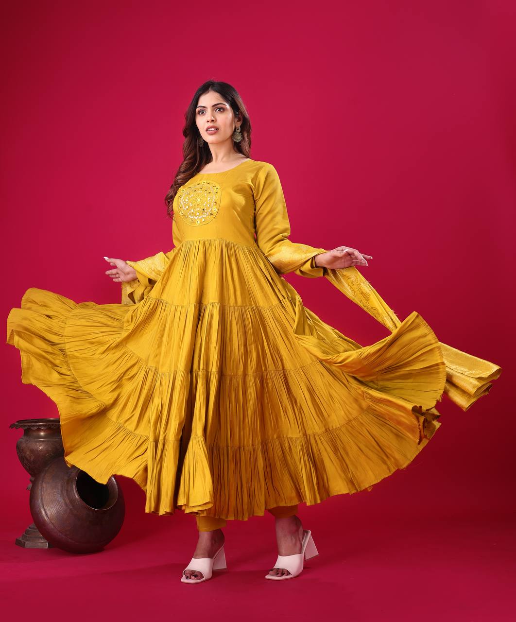 Reception Wear Yellow Color Heavy Roman Silk With Embroidery Sequence Work Anarkali Gown