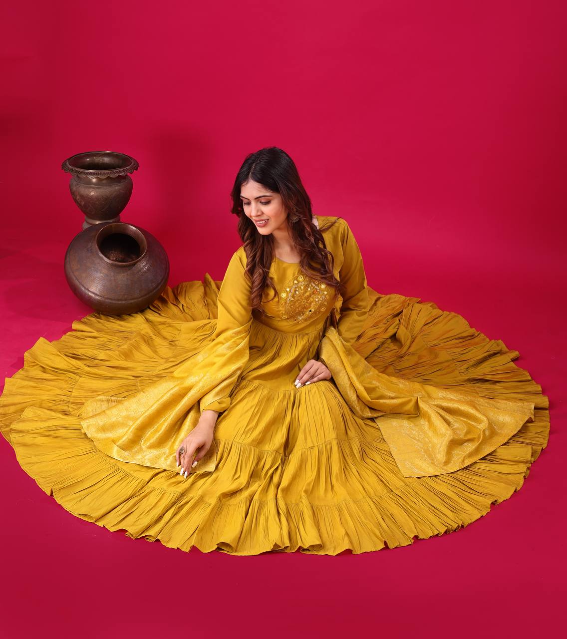 Reception Wear Yellow Color Heavy Roman Silk With Embroidery Sequence Work Anarkali Gown